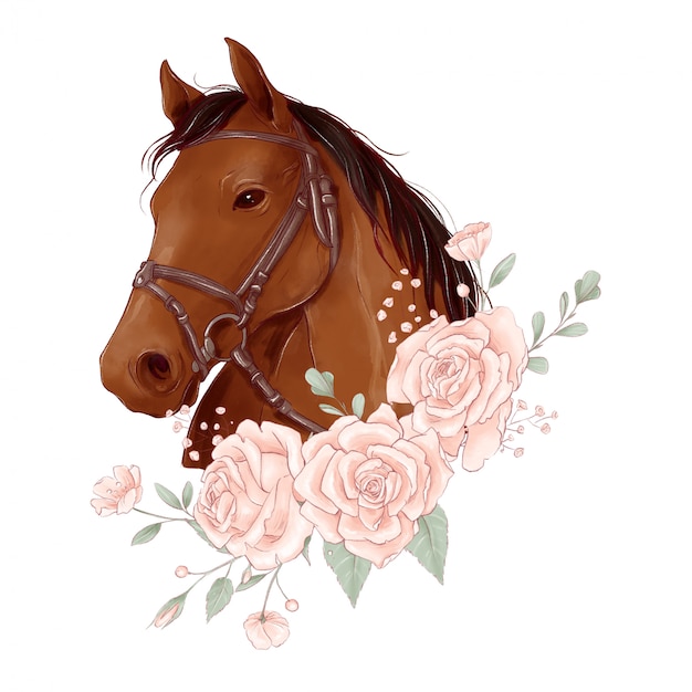 Retrato de caballo en estilo acuarela digital y un ramo de rosas