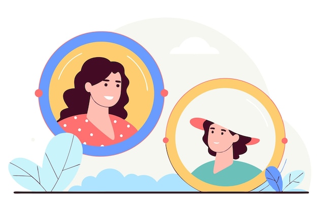 Retrato de cabeza de mujer feliz Profilo de joven en círculo con sombrero de moda Cara de mujer bonita usuario Dama elegante moderna Arte de ilustración de concepto plano sobre fondo blanco