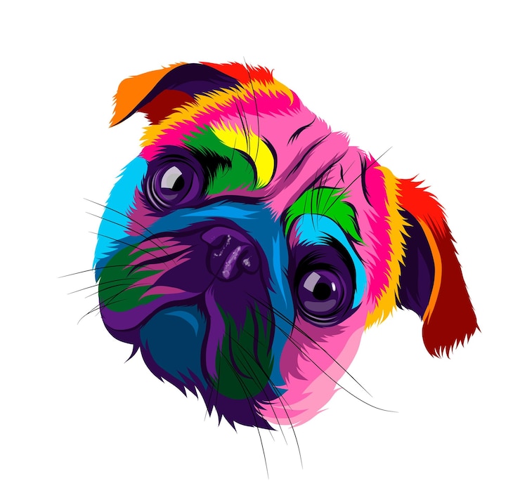 Vector retrato de cabeza de pug abstracto de pinturas multicolores dibujo coloreado retrato de bozal de cachorro