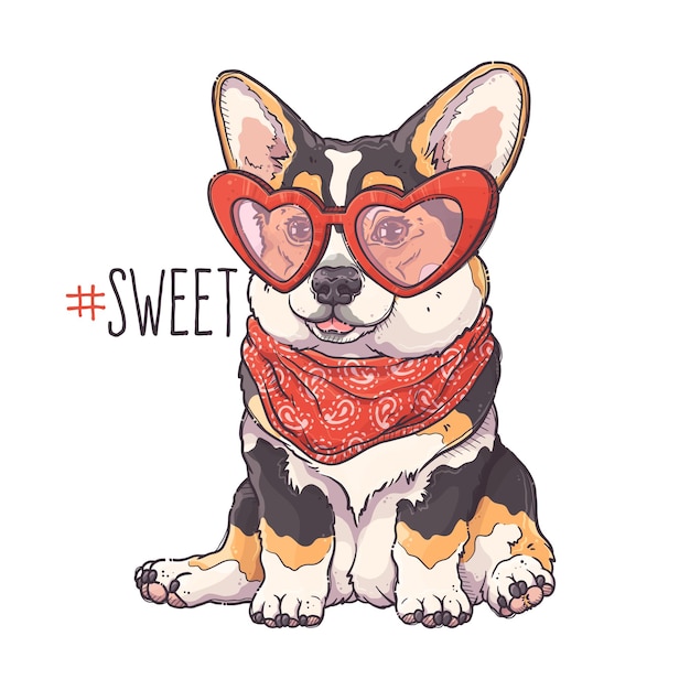 Vector retrato de cachorro de corgi dibujado a mano vector perro con pañuelo y gafas