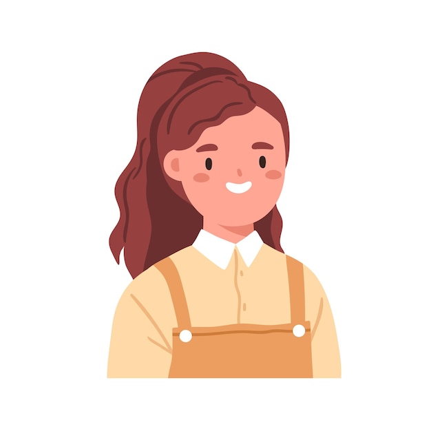 Retrato de cara de niña linda feliz. Avatar sonriente de la cabeza del niño de la escuela. Niño adorable. Colegiala de primaria bastante encantadora. Pequeño alumno alegre y sonriente. Ilustración de vector plano aislado sobre fondo blanco