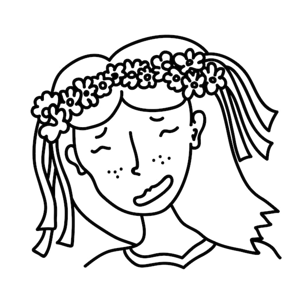 Retrato de caricatura de una chica alegre con corona de flores. Rostro femenino lineal en estilo caricatura.