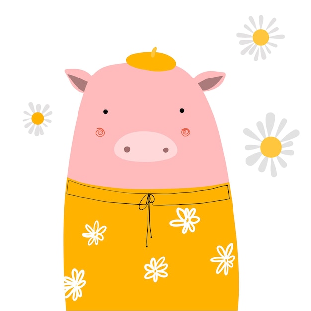 Retrato de cerdo divertido con ilustración de vector de sol, clipart de verano con personaje de dibujos animados