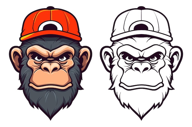 Retrato del chimpancé fresco con gorra en color e ilustración de vector de contorno negro