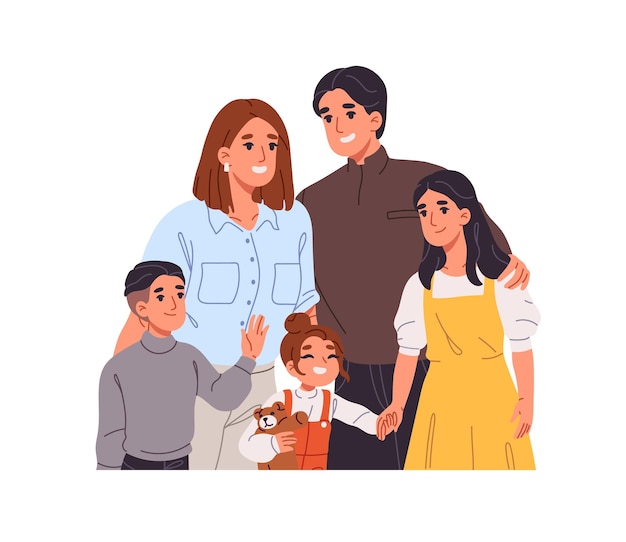 Retrato conjunto de una familia feliz con hermanos pequeños Padres sonrientes y niños sonrientes de pie juntos Madre padre e hijos acurrucados posando Ilustración vectorial aislada plana sobre fondo blanco