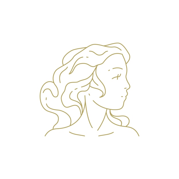 Retrato de cosmetología de cabello femenino romántico línea dorada art deco vintage logo vector ilustración