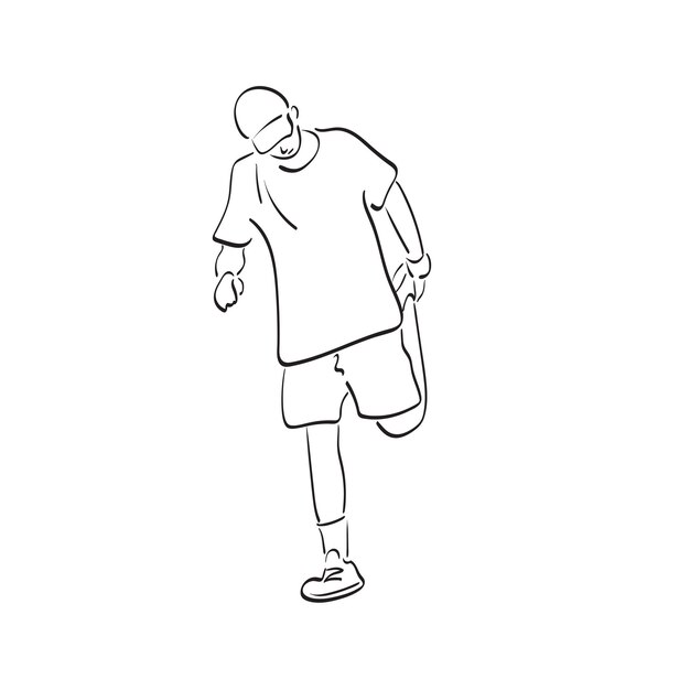 Retrato de cuerpo entero de un hombre deportivo con gorra estirando la pierna Ilustración vectorial dibujada a mano aislada