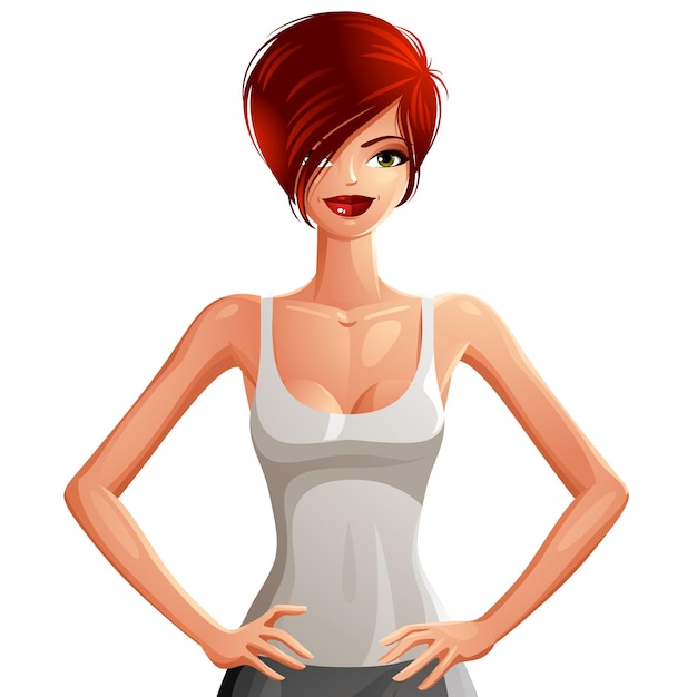 Retrato de cuerpo superior de mujer caucásica coqueta sexy. Hermosa dama pelirroja con un elegante maquillaje con las manos en la cintura, aislada de fondo blanco.