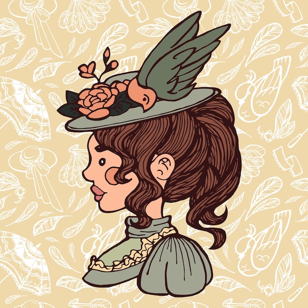 Vector retrato de una dama victoriana en un sombrero con un pájaro