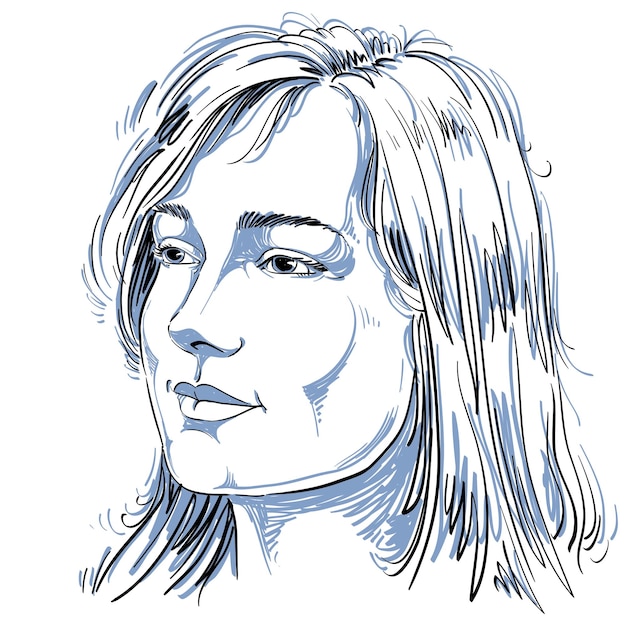 Vector retrato de una delicada y guapa mujer soñadora, dibujo vectorial en blanco y negro. imagen de idea de expresiones emocionales.