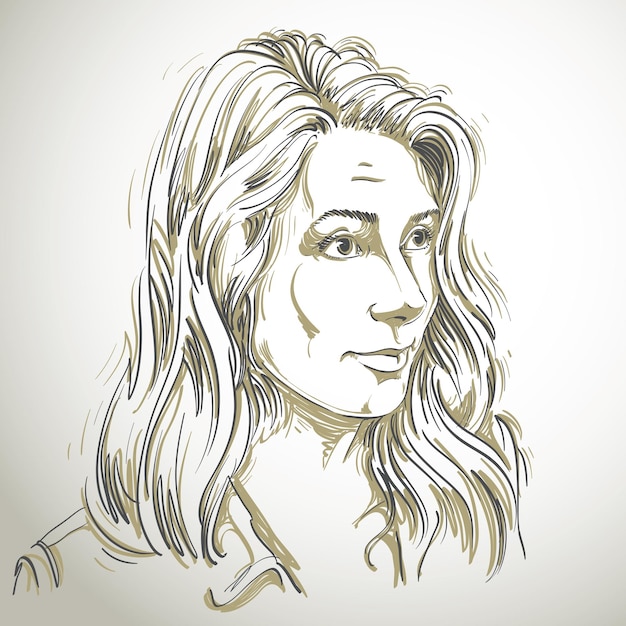 Retrato de una delicada mujer dubitativa con arrugas en la frente, dibujo vectorial en blanco y negro. Imagen de idea de expresiones emocionales.