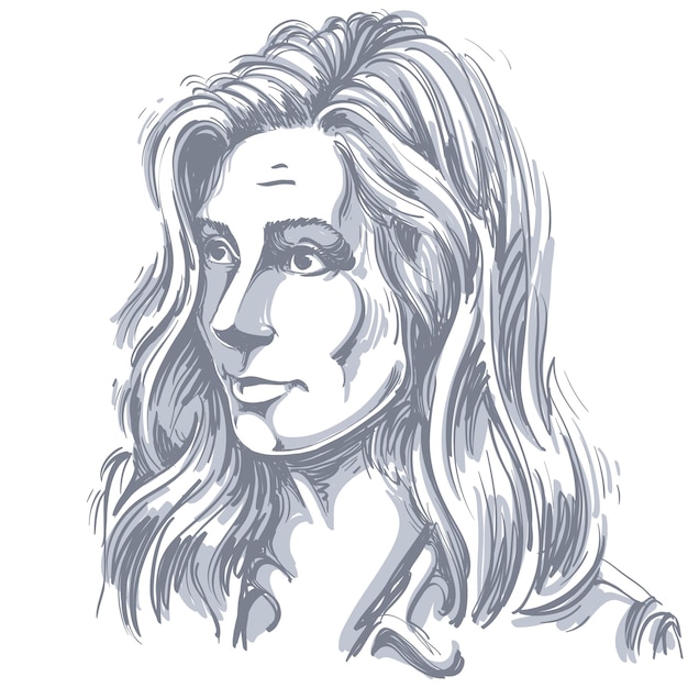 Retrato de una delicada mujer dubitativa con arrugas en la frente, dibujo vectorial en blanco y negro. Imagen de idea de expresiones emocionales.