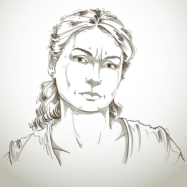 Vector retrato dibujado a mano de una mujer dudosa de piel blanca, ilustración del tema de las emociones faciales. señora escéptica o enojada con arrugas en la frente posando sobre fondo blanco.