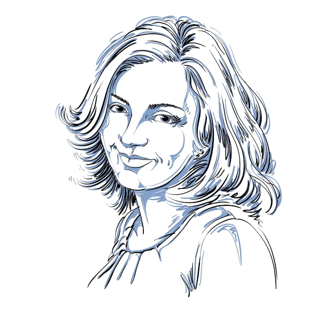 Retrato dibujado a mano de mujer sonriente de piel blanca, ilustración de tema de emociones faciales. Bella dama posando sobre fondo blanco.