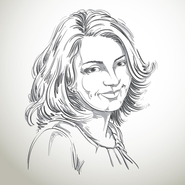 Retrato dibujado a mano de mujer sonriente de piel blanca, ilustración de tema de emociones faciales. Bella dama posando sobre fondo blanco.