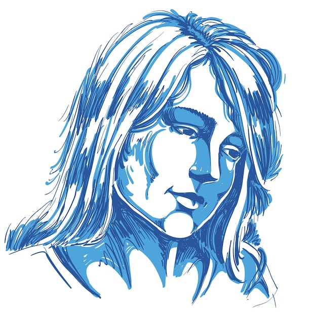Retrato dibujado a mano de mujer triste de piel blanca, ilustración de tema de emociones de cara triste. Hermosa dama melancólica posando sobre fondo blanco.
