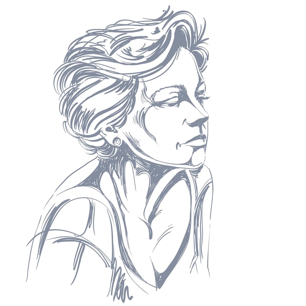 Retrato dibujado a mano de mujer triste de piel blanca, ilustración de tema de emociones faciales. Hermosa dama triste posando sobre fondo blanco.