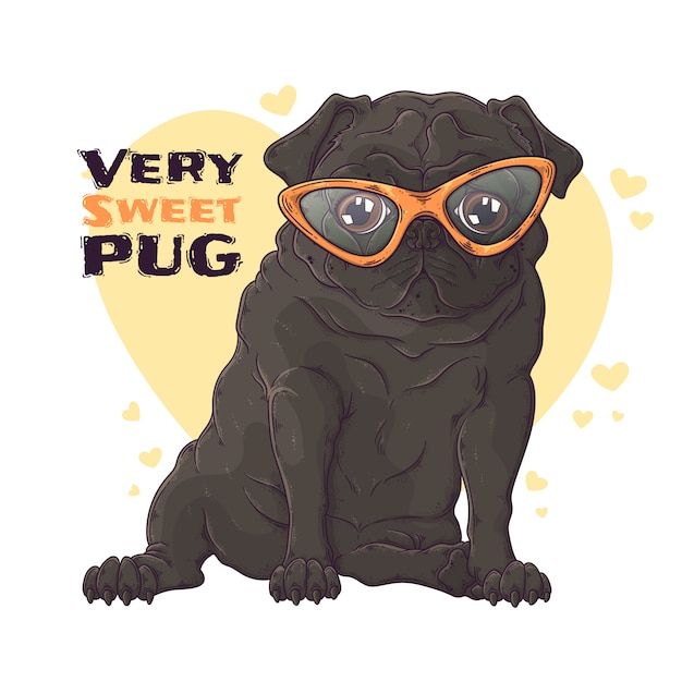 Vector retrato dibujado a mano del perro pug en lindas gafas.