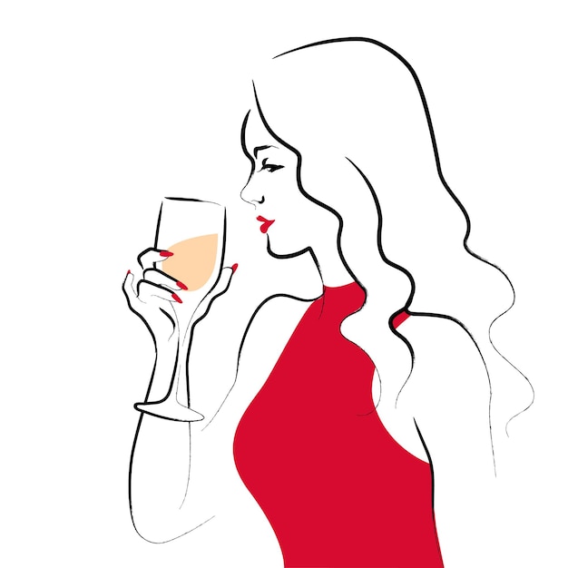 Retrato dibujado a mano vectorial de una joven hermosa dama vestida de rojo con una copa de vino aislada de fondo blanco. Boceto dibujado a mano estilo minimalista. Concepto para fiesta nocturna de damas, bar, hora de cóctel feliz.