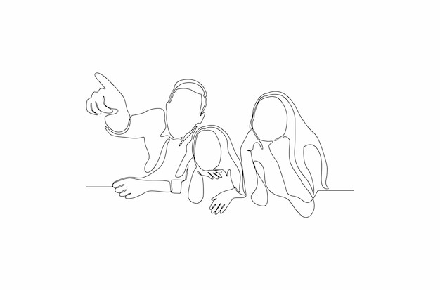 Retrato de dibujo de línea continua de la ilustración de vector de perfil de familia feliz Vector Premium