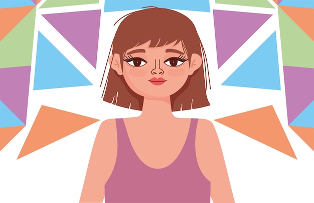 Vector retrato de dibujos animados de cultura hispana de mujer joven coloreado fondo geométrico diseño e ilustración vectorial