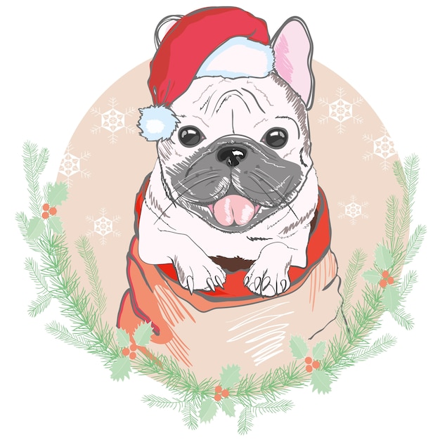 Retrato del dogo francés lindo en sombrero rojo de la Navidad. La navidad de santa claus