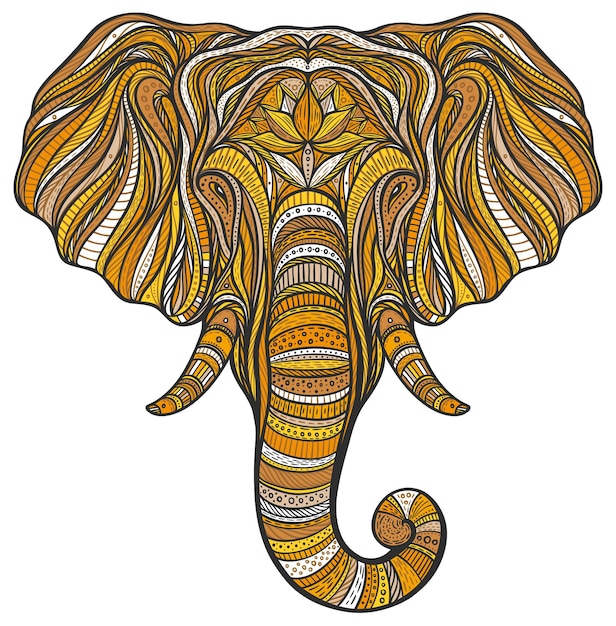 Retrato de elefante boho étnico estilizado aislado sobre fondo blanco Garabato dibujado a mano decorativo
