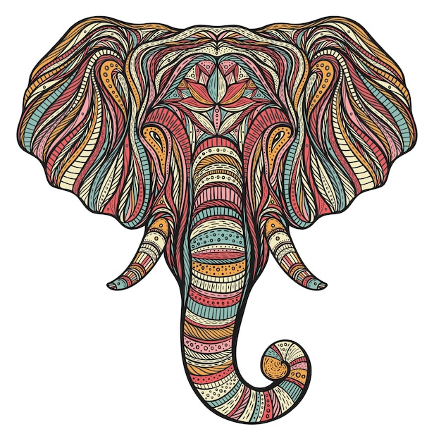 Retrato de elefante boho étnico estilizado aislado sobre fondo blanco