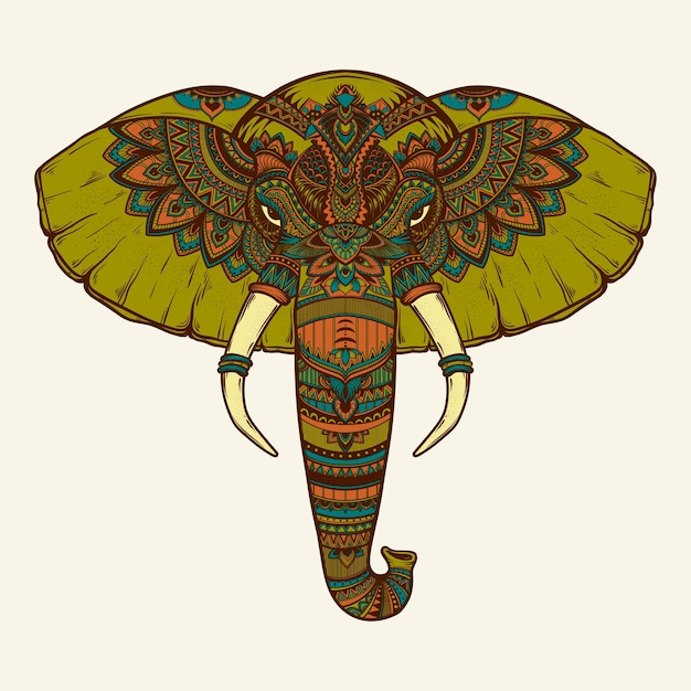 Retrato de elefante decorativo entintado adornado animal espiritual tribal tatuaje ilustración vectorial dibujada a mano