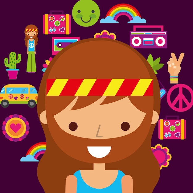 Retrato de época retro de dibujos animados de mujer hippie