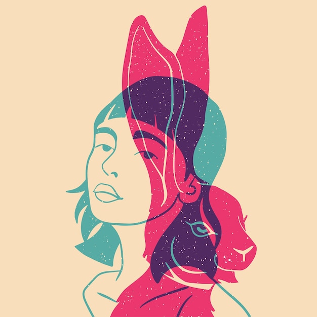Un retrato estilizado de una niña con conejo. Perfecto para logo, afiche, avatar, diseño de camisetas.