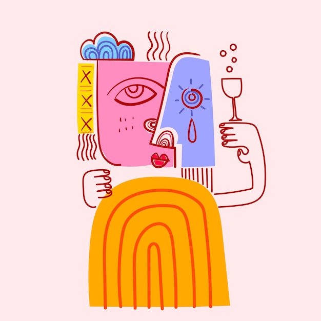 Retrato facial abstracto de mujer y hombre arte de líneas de garabateo geométrico ilustración vectorial dibujada a mano
