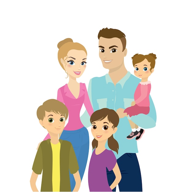 Vector retrato de familia feliz gente sonriente aislada sobre un fondo blanco ilustración vectorial plana de stock