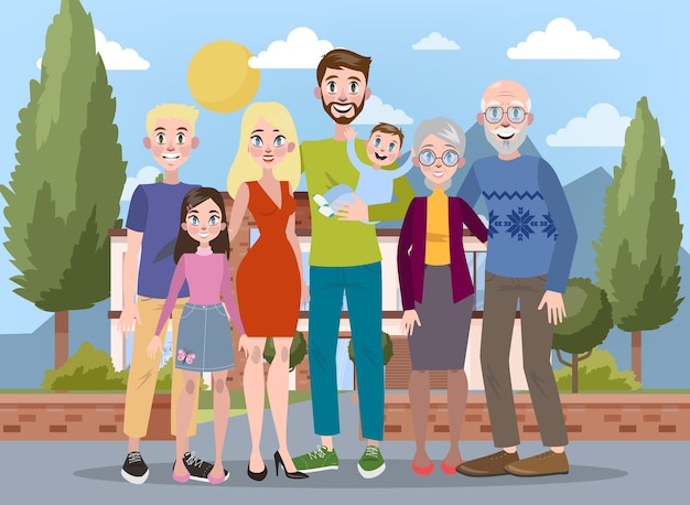 Vector retrato de familia grande feliz. mamá y papá, niños y sus abuelos. ilustración