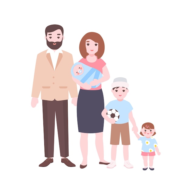 Retrato de familia numerosa. madre con bebé recién nacido, padre e hijos parados juntos. adorables personajes de dibujos animados aislados sobre fondo blanco. ilustración de vector colorido en estilo plano.