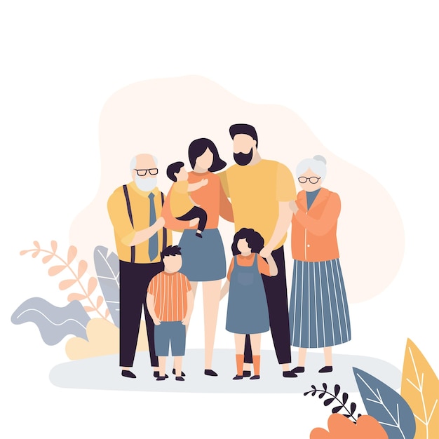 Retrato de familia Padres felices con hijos Abuelos Madre padre y tres hijos