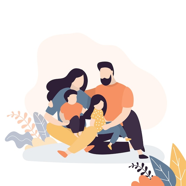 Retrato de familia padres felices con hijos cuatro personas lindas sentadas