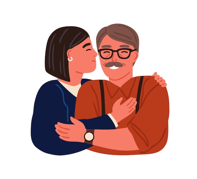 Retrato de feliz abrazo hija y padre vector ilustración plana. Adolescente sonriente y padre abrazándose sintiendo amor el uno al otro aislado. Relación familiar del padre y la adolescente.