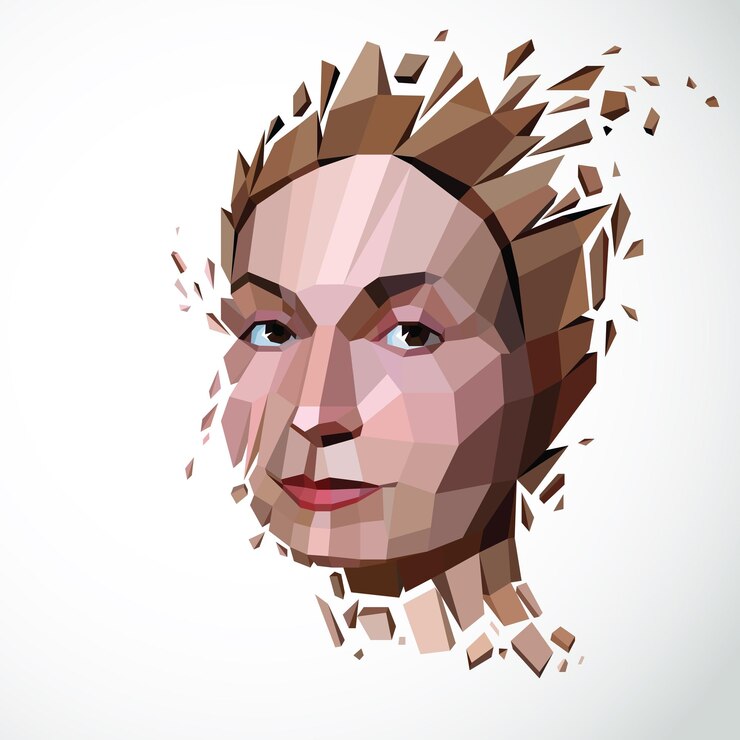 Vector retrato femenino de baja poli dimensional vectorial, ilustración gráfica de cabeza humana rota en fragmentos. objeto demolido en 3d creado con fracturas y diferentes partículas.