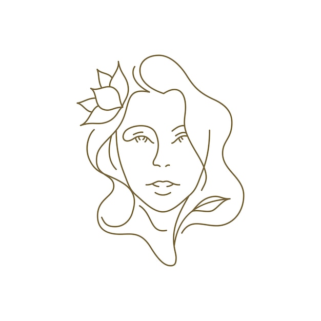 Retrato femenino de belleza con flor de loto en el cabello ilustración de vector de logotipo de arte de línea continua mínima Romántica cara de mujer suave flor botánica floral monocromo icono lineal para cosmética orgánica