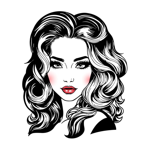 Retrato femenino en blanco y negro hermosa pose elegante cabello ondulado suelto labios rojos y rubor Vector