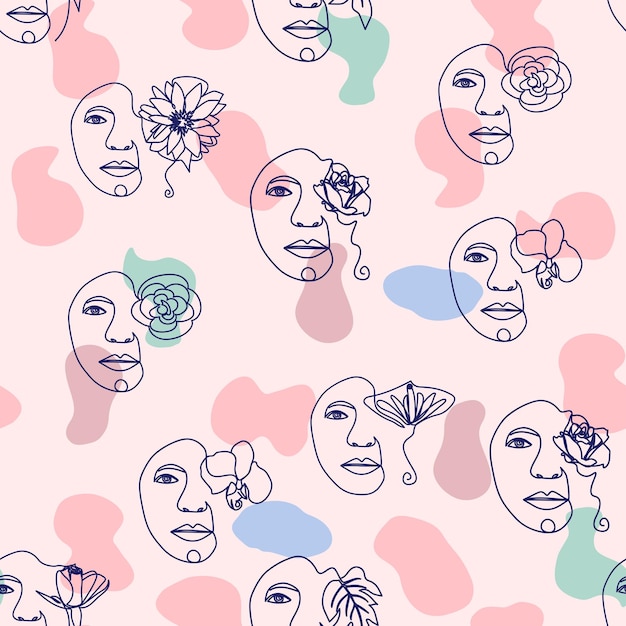 Retrato femenino Contorno del rostro de la mujer flores abstractas hojas línea dibujo continuo patrón sin costuras