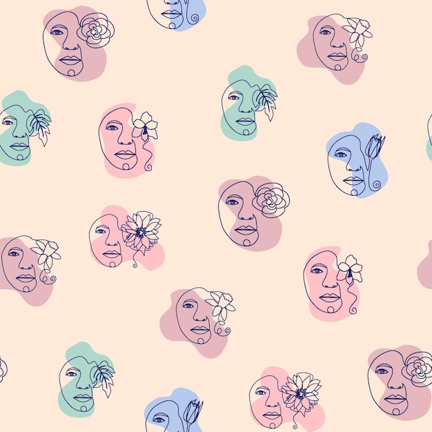 Retrato femenino Contorno rostro de mujer flores abstractas hojas línea dibujo continuo patrón vectorial sin costuras