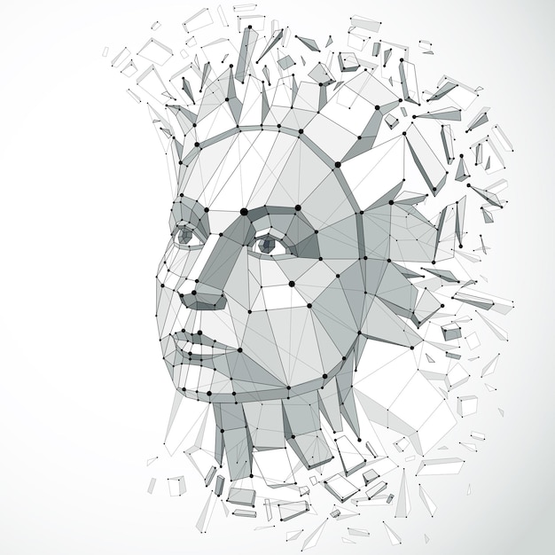 Retrato femenino polivinílico bajo dimensional vectorial con malla de líneas, ilustración gráfica de la cabeza humana rota en fragmentos. objeto de estructura metálica demolido en 3d creado con fracturas y diferentes partículas.
