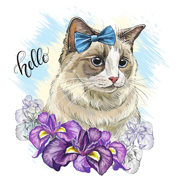 Retrato de un gato y flores de iris ilustración vectorial