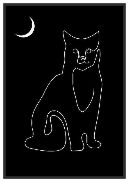 Retrato de gato negro arte de línea mínima ilustración dibujada a mano cartel de estilo de una línea