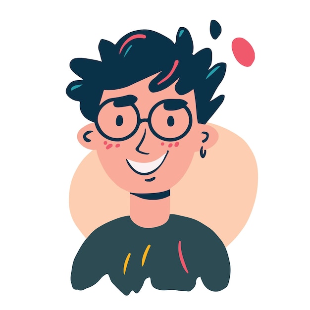 retrato gracioso de un joven ilustración en estilo de dibujos animados colores de moda y puntos abstractos