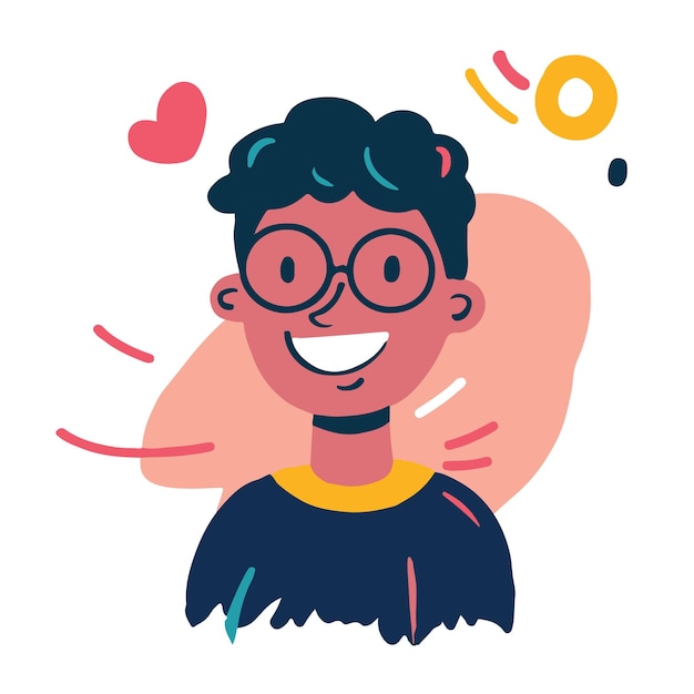 retrato gracioso de un joven ilustración en estilo de dibujos animados colores de moda y puntos abstractos