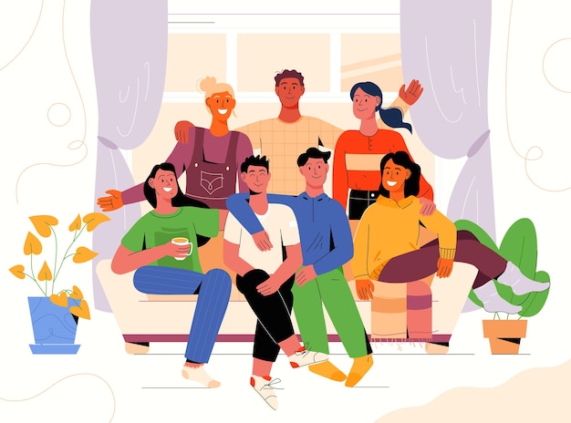 Retrato de grupo de amigos de diferentes nacionalidades reunidos. Hombres y mujeres sentados en el sofá