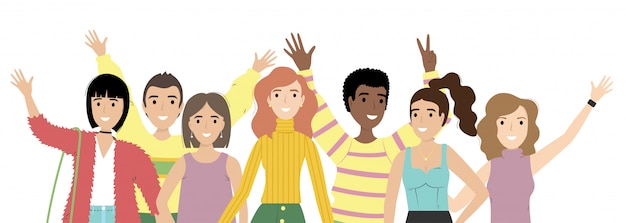 Retrato de grupo de niñas y niños sonrientes o estudiantes de pie juntos.